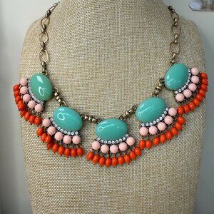 J.Crew Statement Necklace W/ Green Pink & Orange Beads On Gold Chain